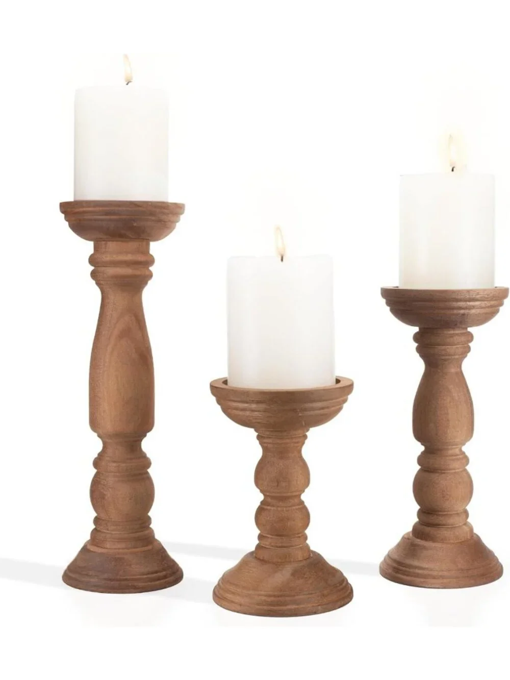 Rustic Wooden Candle Holders Set of 3 - Vintage Tall Pillar Stand Decor, 12''